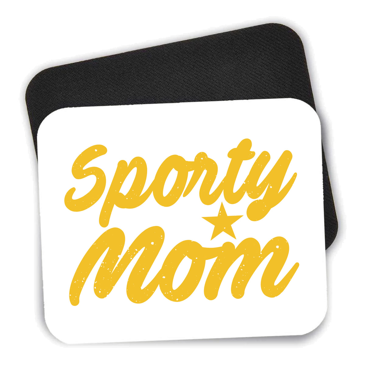 Sporty Mom mouse pad shown with its black non-slip rubber underside