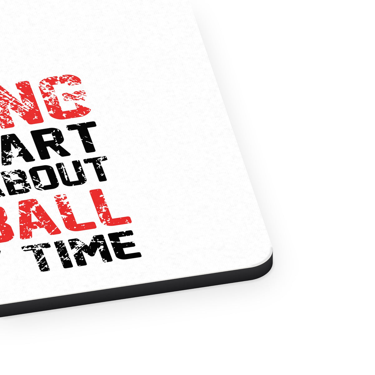 Warning May Start Talking Baseball mouse pad, close-up of the fabric surface and rubber edge