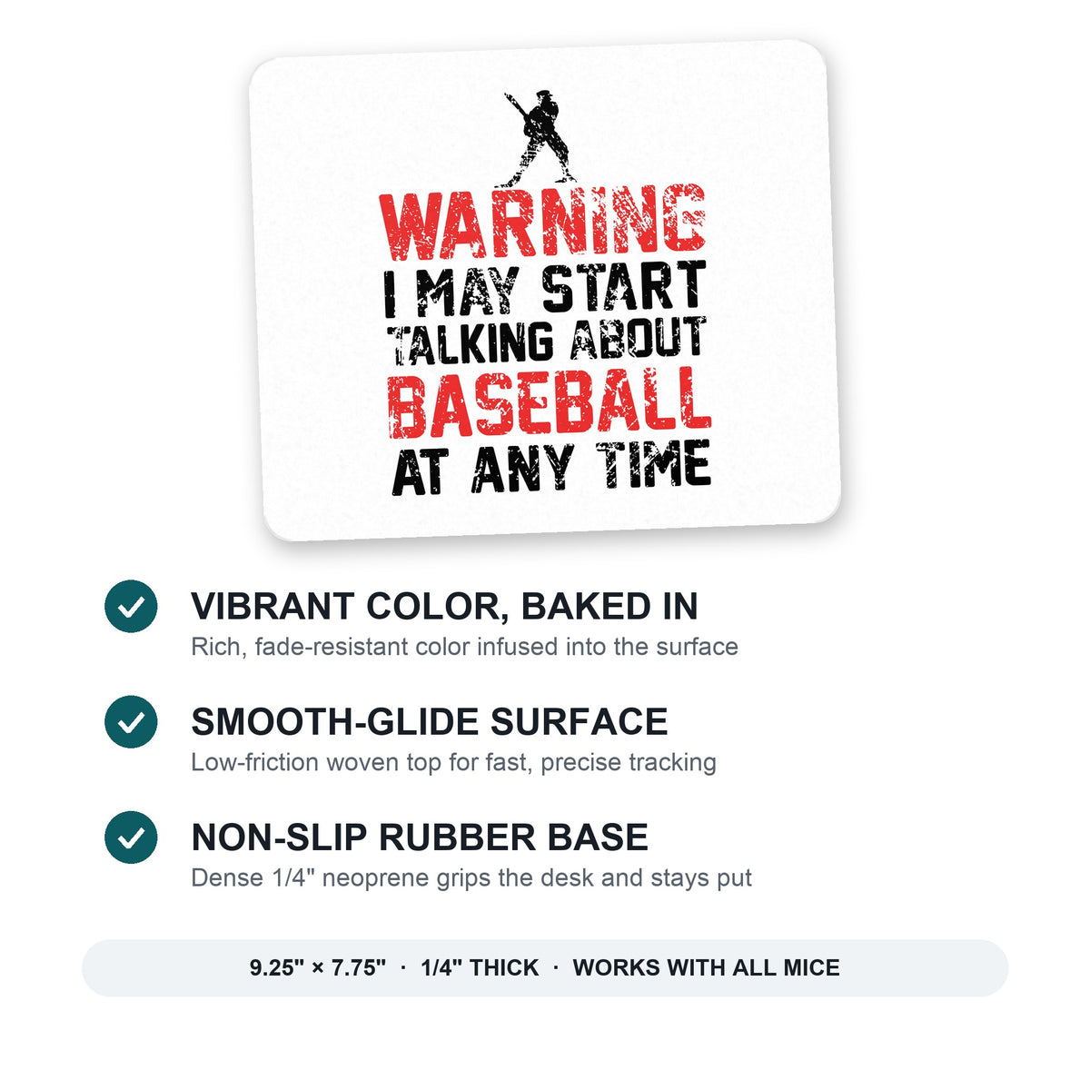 Warning May Start Talking Baseball mouse pad: vibrant color, smooth-glide surface, non-slip rubber base, 9.25 x 7.75 inches