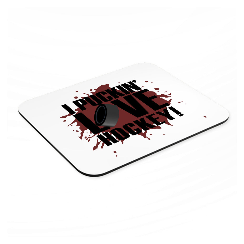 I Puckin' Love Hockey mouse pad, angled view showing the 1/4 inch thick base