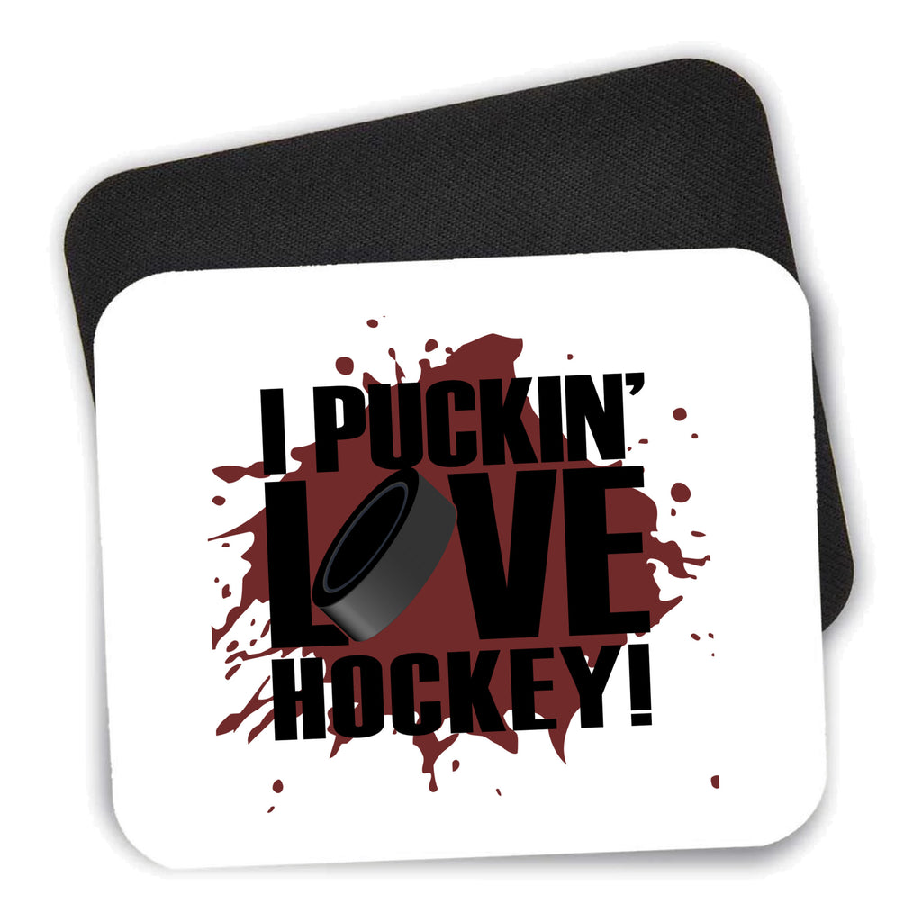 I Puckin' Love Hockey mouse pad shown with its black non-slip rubber underside