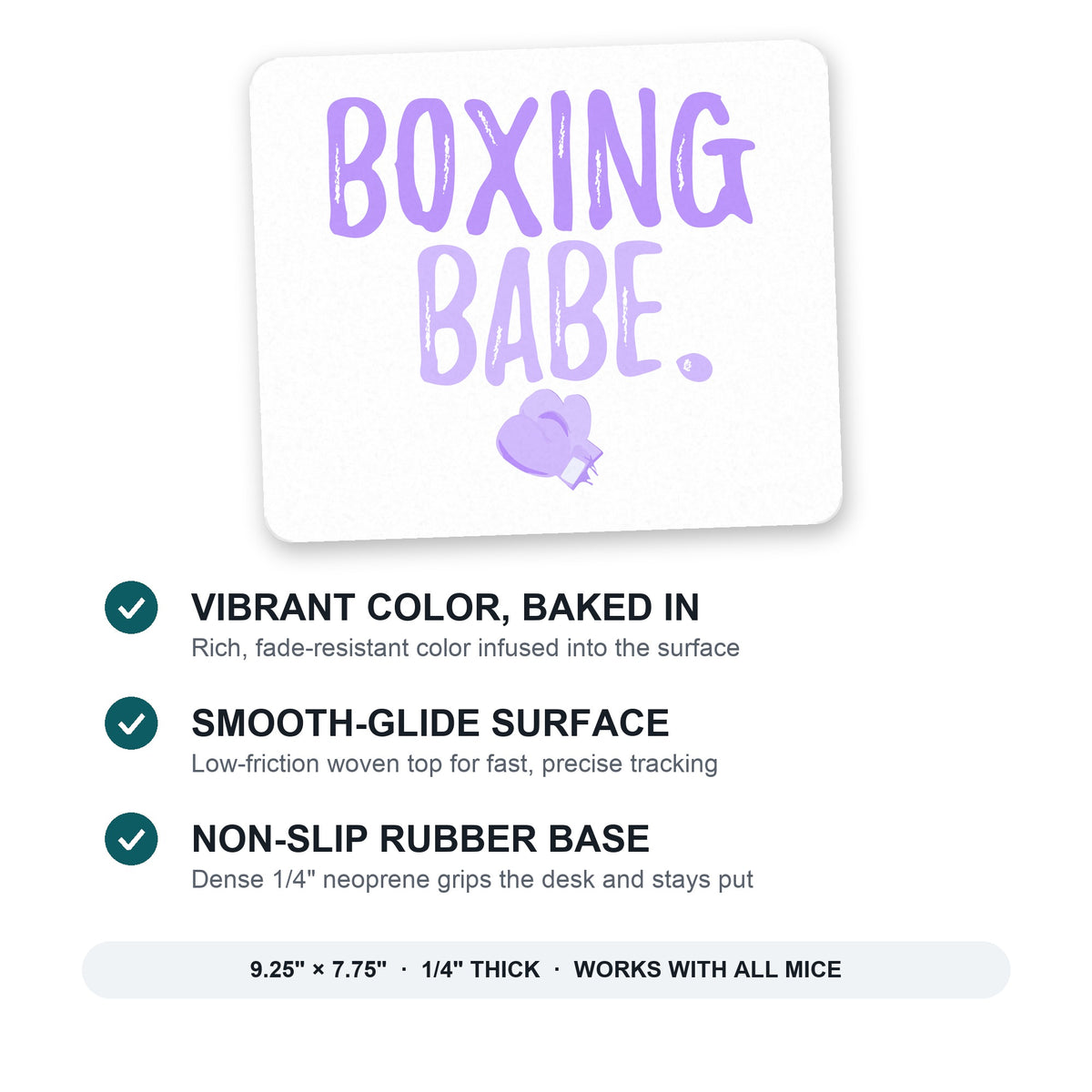Boxing Babe mouse pad: vibrant color, smooth-glide surface, non-slip rubber base, 9.25 x 7.75 inches