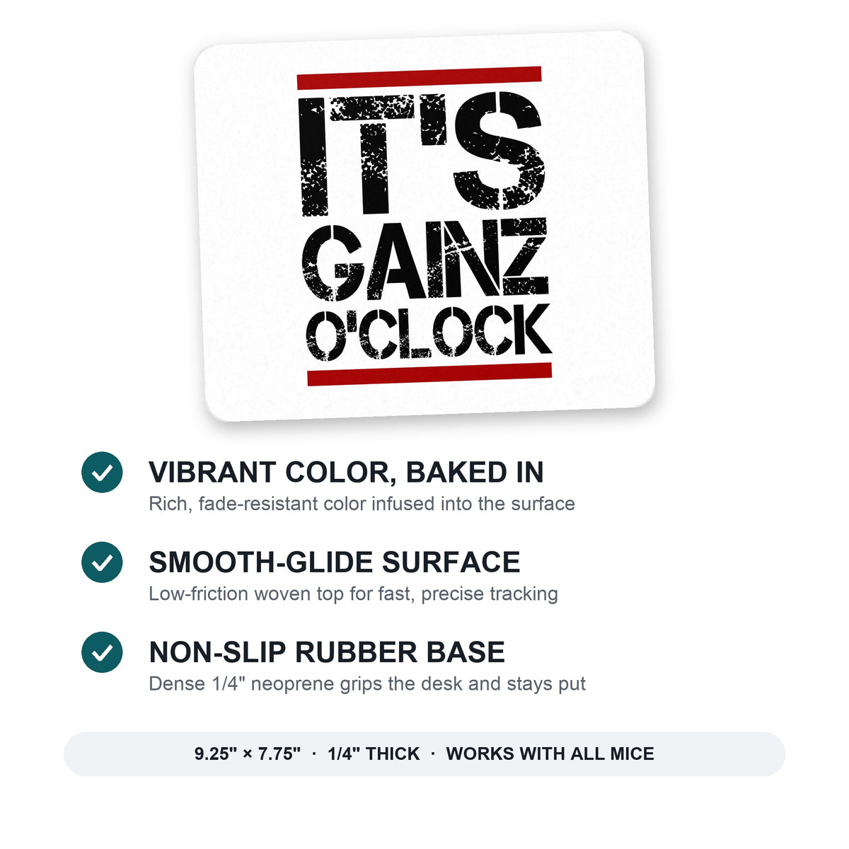 It's Gainz O'Clock Working Out mouse pad: vibrant color, smooth-glide surface, non-slip rubber base, 9.25 x 7.75 inches