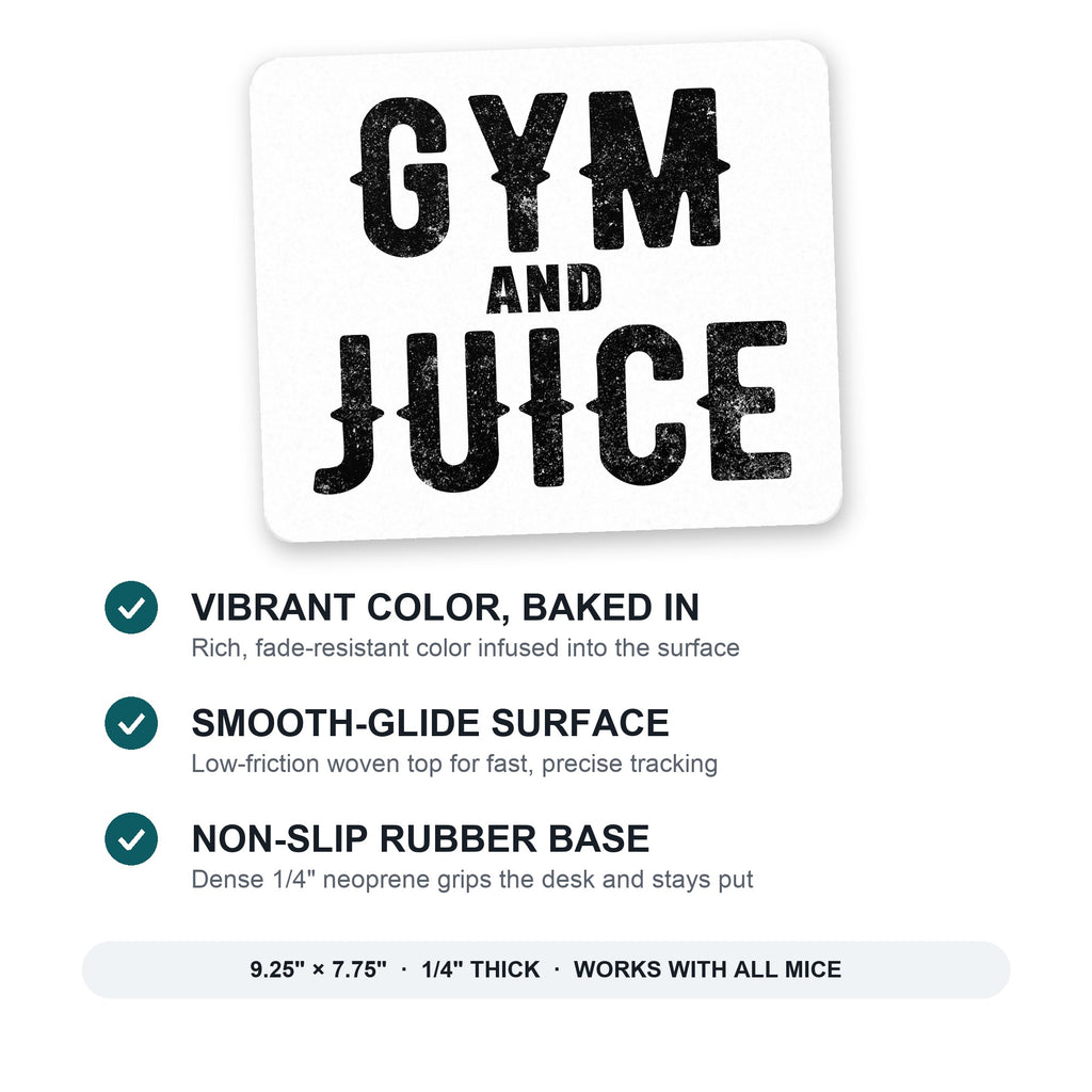 Gym And Juice mouse pad: vibrant color, smooth-glide surface, non-slip rubber base, 9.25 x 7.75 inches