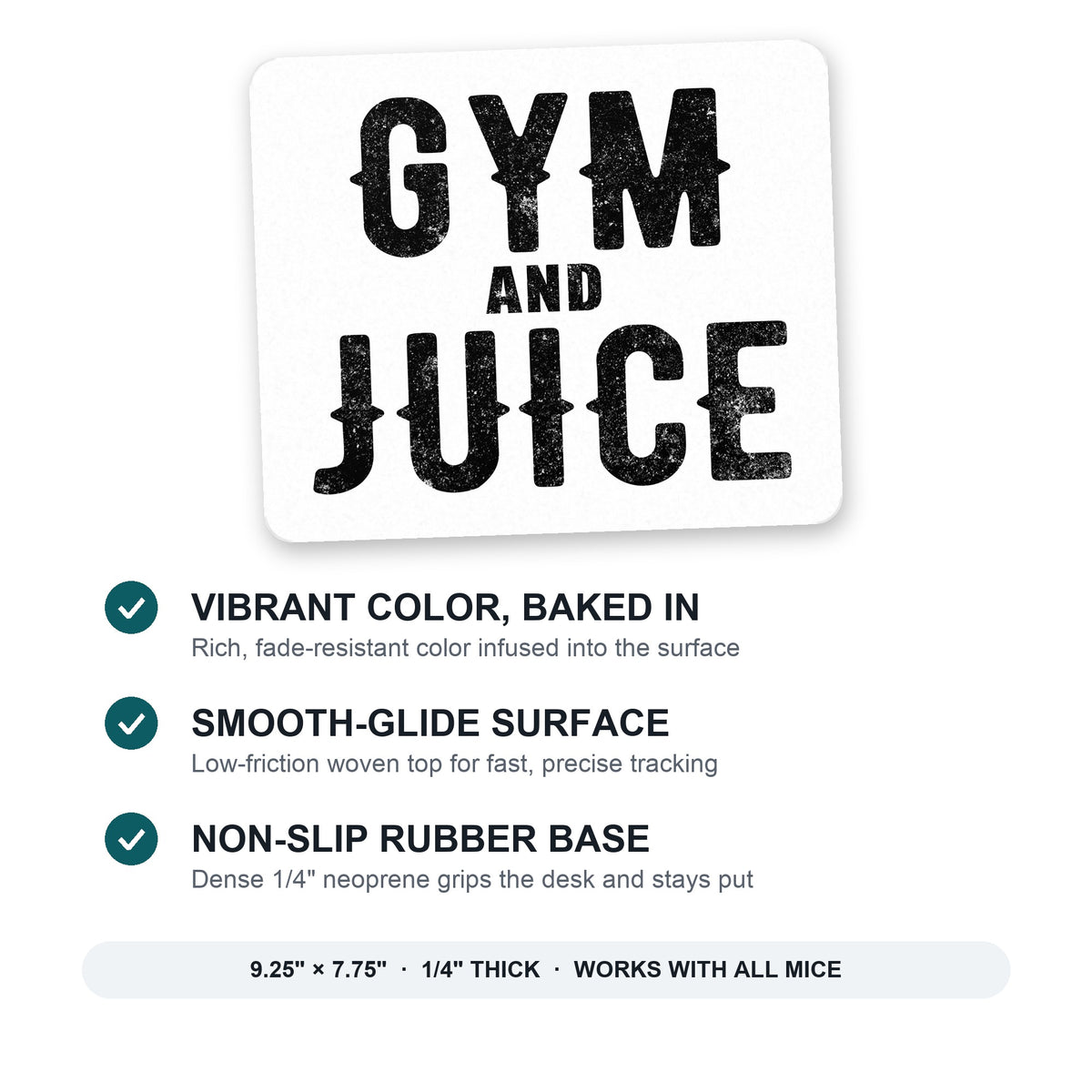 Gym And Juice mouse pad: vibrant color, smooth-glide surface, non-slip rubber base, 9.25 x 7.75 inches