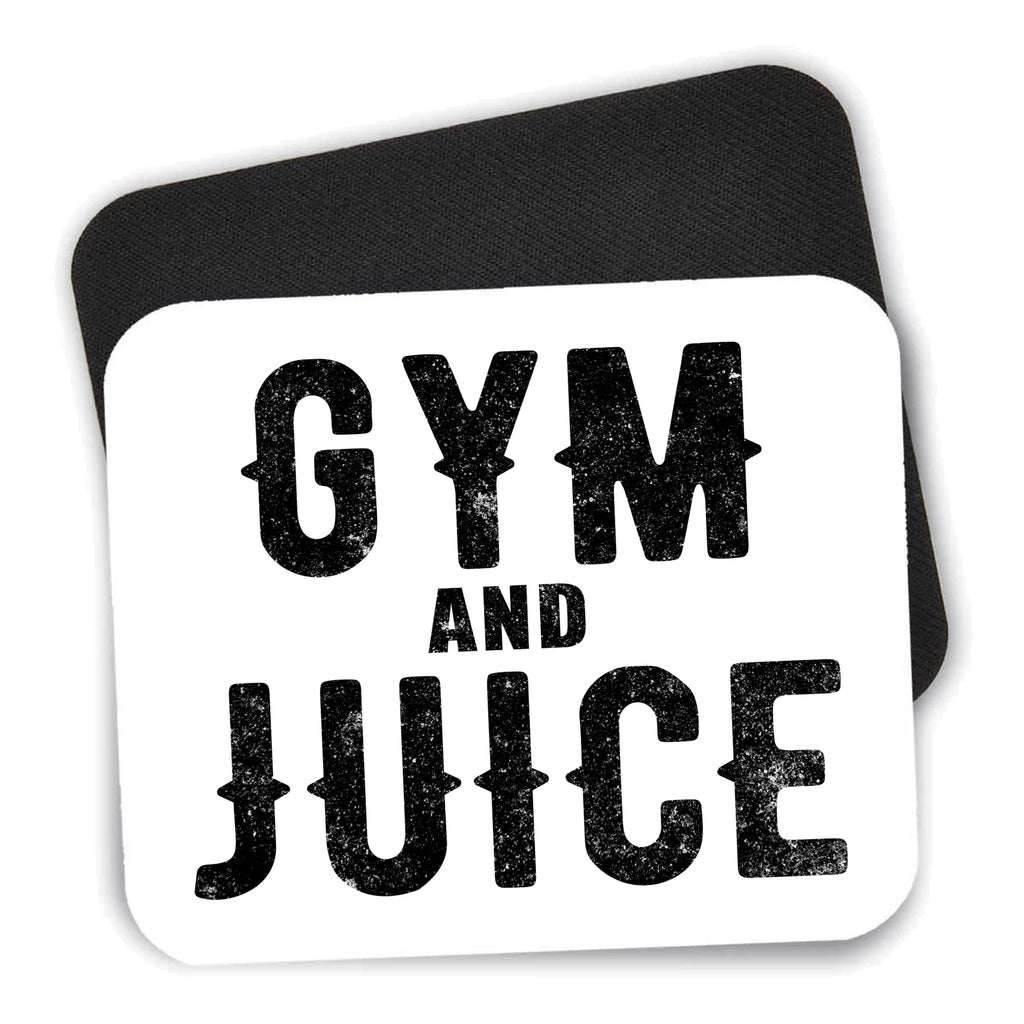 Gym And Juice mouse pad shown with its black non-slip rubber underside