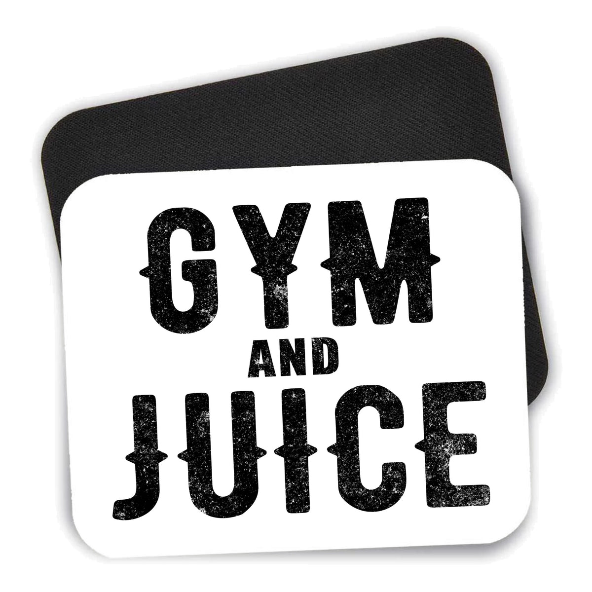 Gym And Juice mouse pad shown with its black non-slip rubber underside