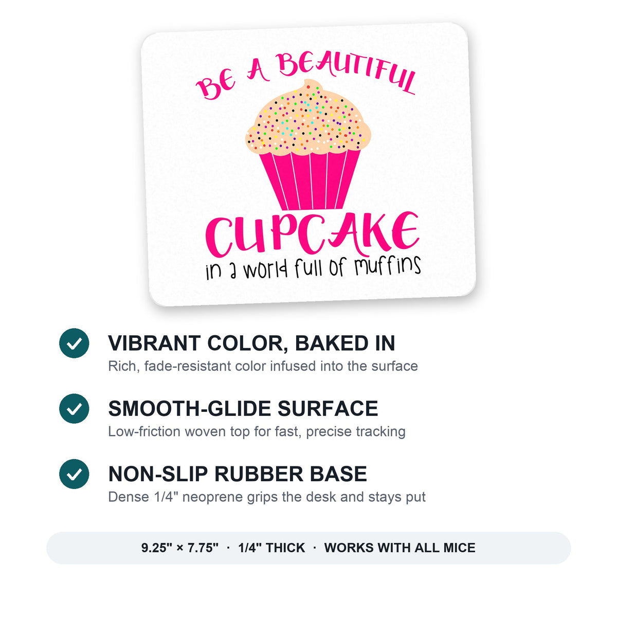 Be a Beautiful Cupcake in a World of Muffins mouse pad: vibrant color, smooth-glide surface, non-slip rubber base, 9.25 x 7.75 inches