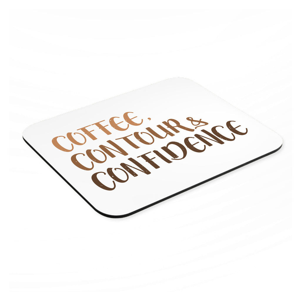 Coffee Contour & Confidence mouse pad, angled view showing the 1/4 inch thick base
