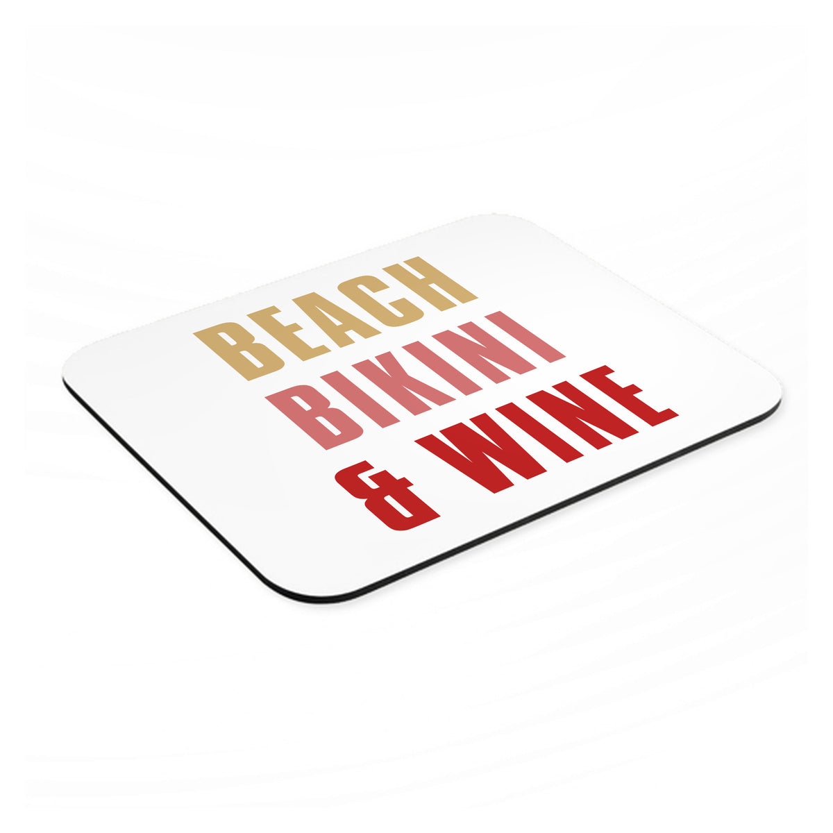 Beach Bikini & Wine mouse pad, angled view showing the 1/4 inch thick base