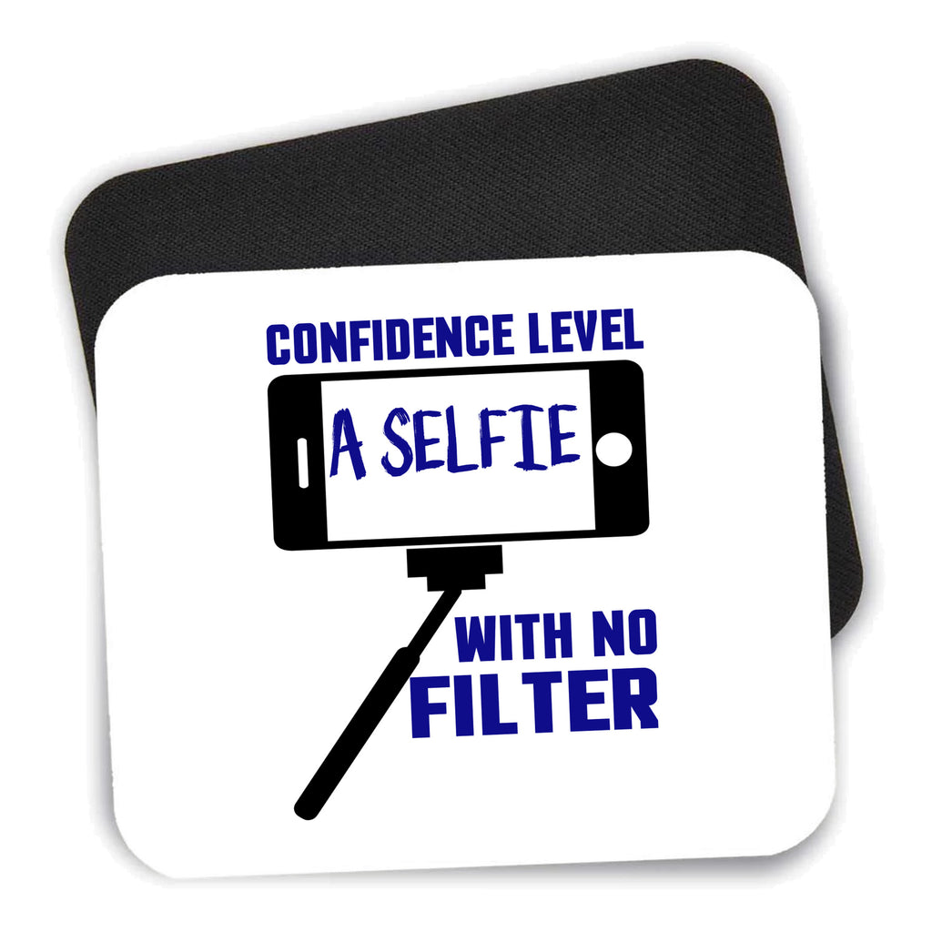 Confidence Level Selfie with No Filter mouse pad shown with its black non-slip rubber underside