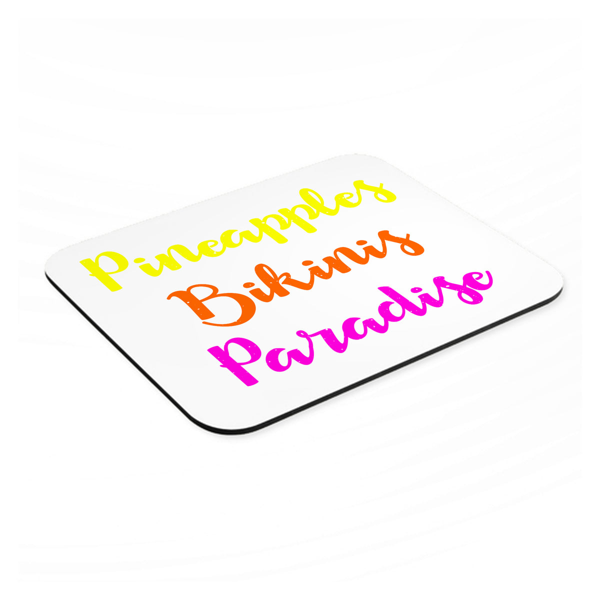 Pineapples Bikinis Paradise mouse pad, angled view showing the 1/4 inch thick base