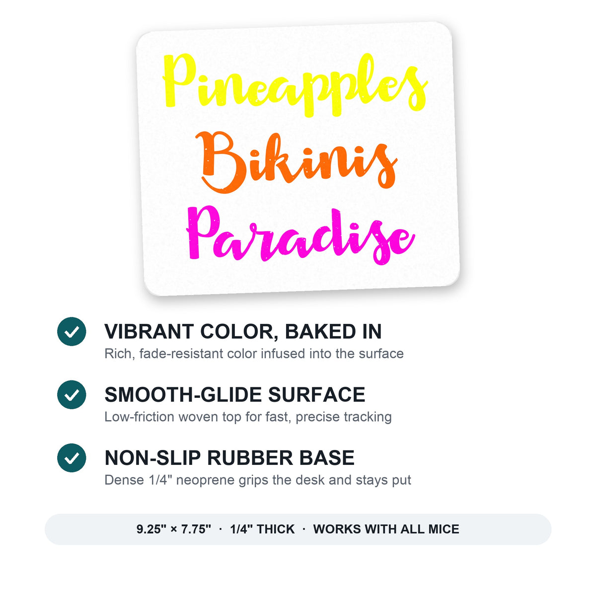 Pineapples Bikinis Paradise mouse pad: vibrant color, smooth-glide surface, non-slip rubber base, 9.25 x 7.75 inches