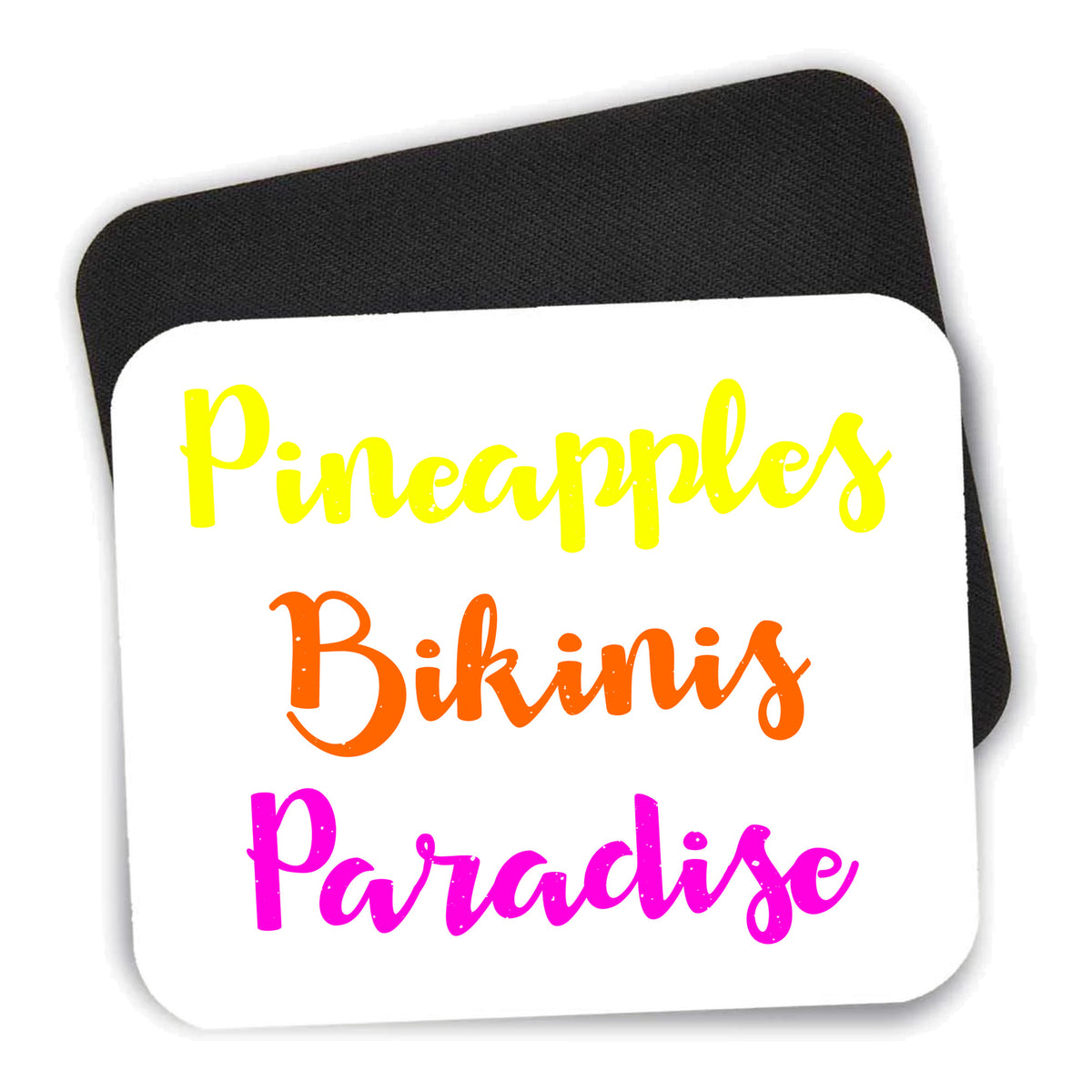 Pineapples Bikinis Paradise mouse pad shown with its black non-slip rubber underside