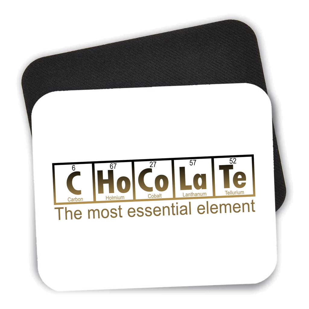 Chocolate The Most Essential Element mouse pad shown with its black non-slip rubber underside