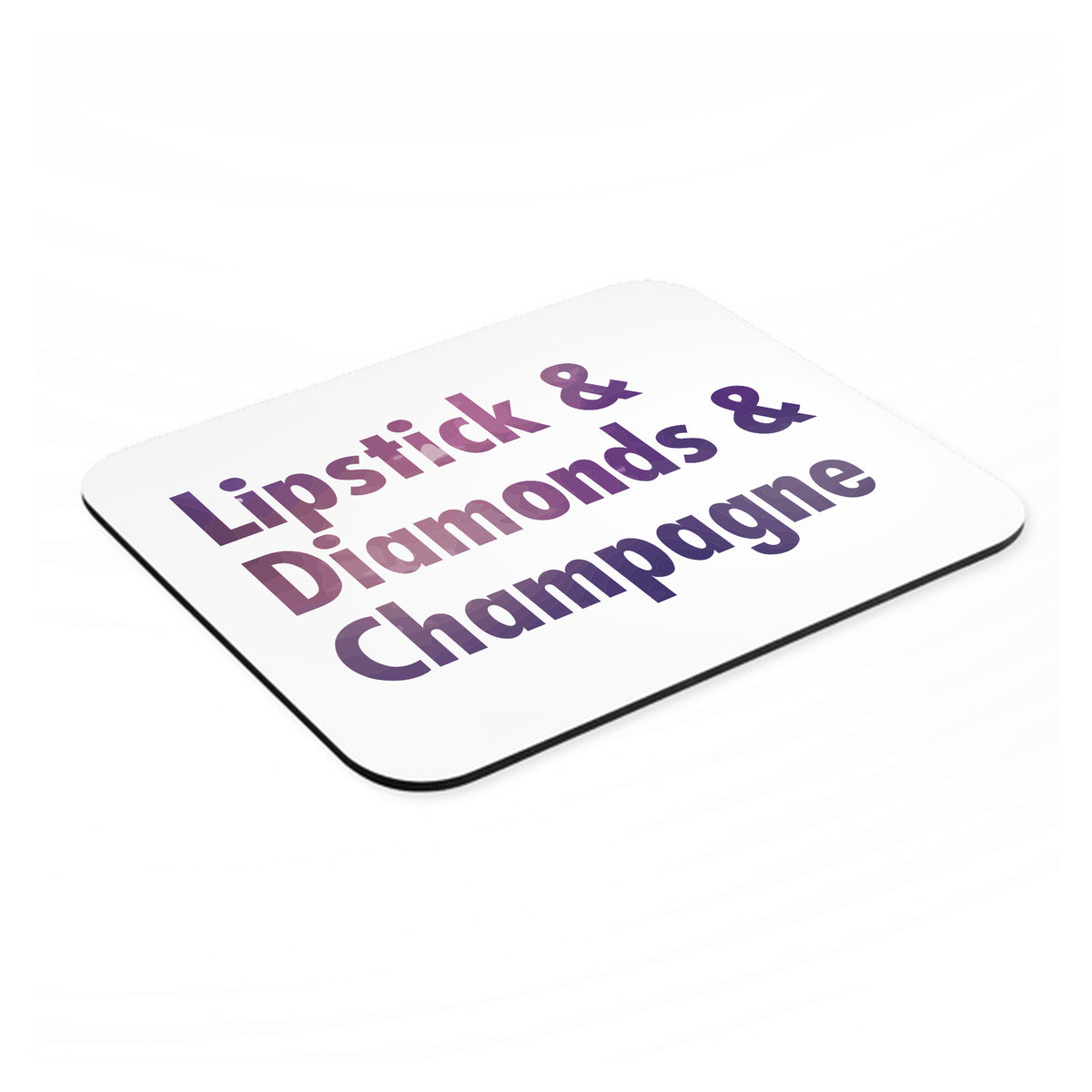 Lipstick & Diamonds & Champagne mouse pad, angled view showing the 1/4 inch thick base