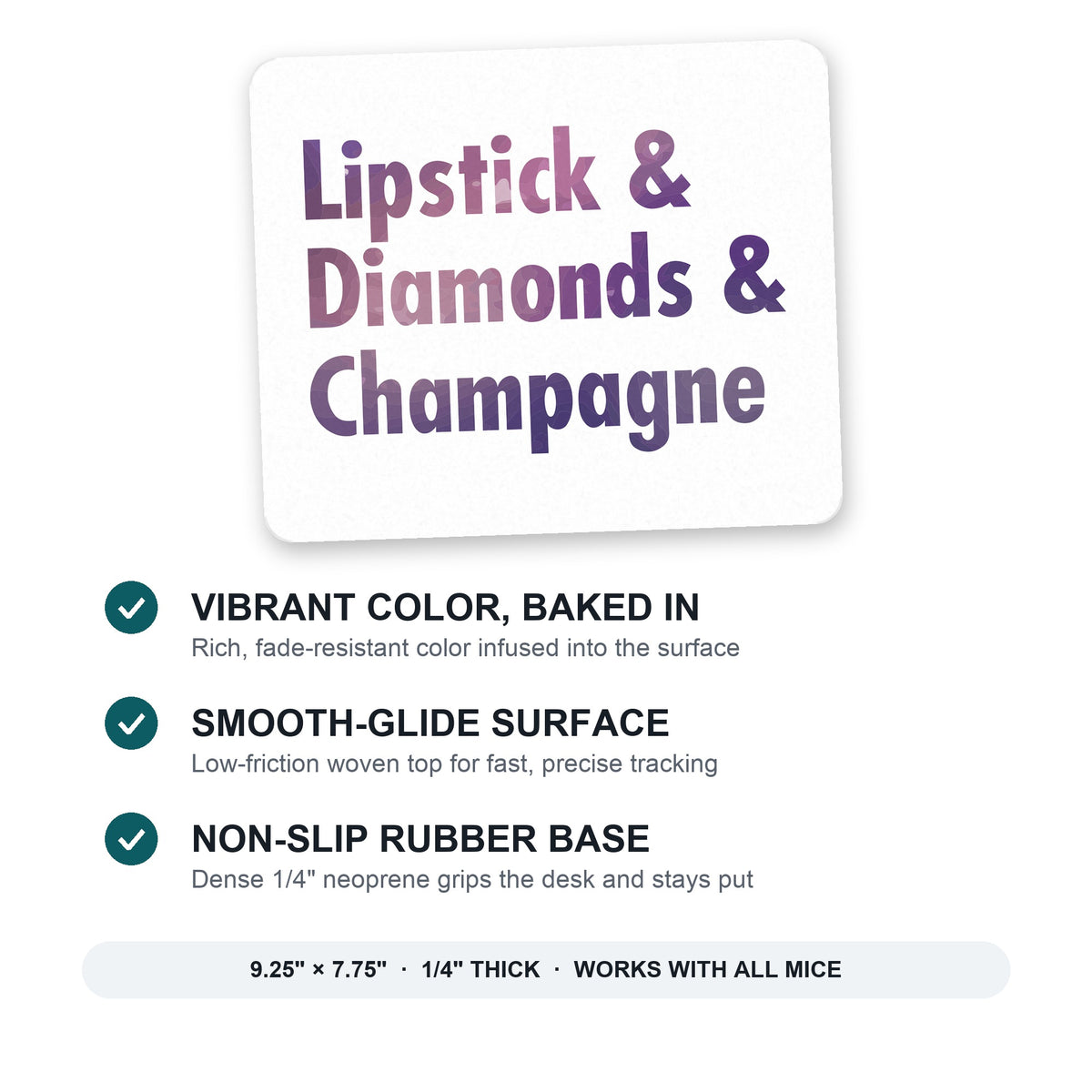 Lipstick & Diamonds & Champagne mouse pad: vibrant color, smooth-glide surface, non-slip rubber base, 9.25 x 7.75 inches