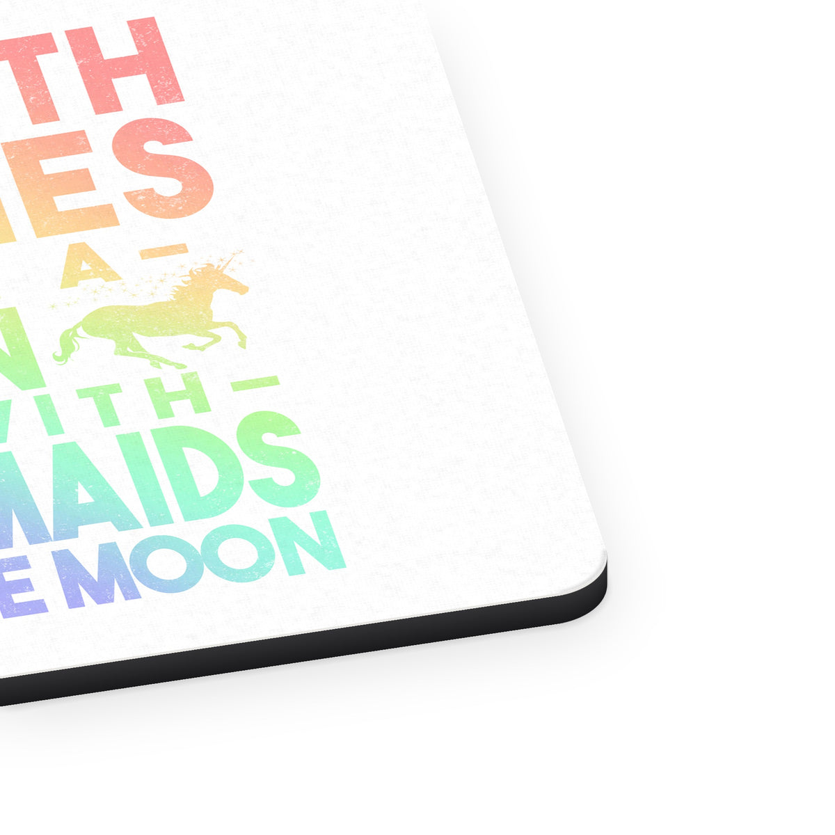 Play With Fairs Ride Unicorn Mermaids Moon mouse pad, close-up of the fabric surface and rubber edge