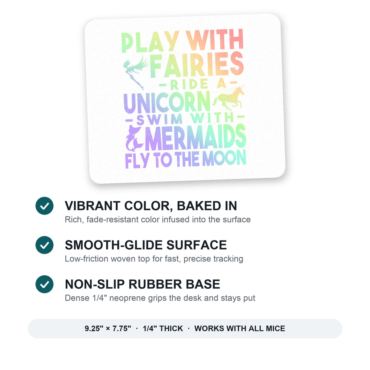 Play With Fairs Ride Unicorn Mermaids Moon mouse pad: vibrant color, smooth-glide surface, non-slip rubber base, 9.25 x 7.75 inches
