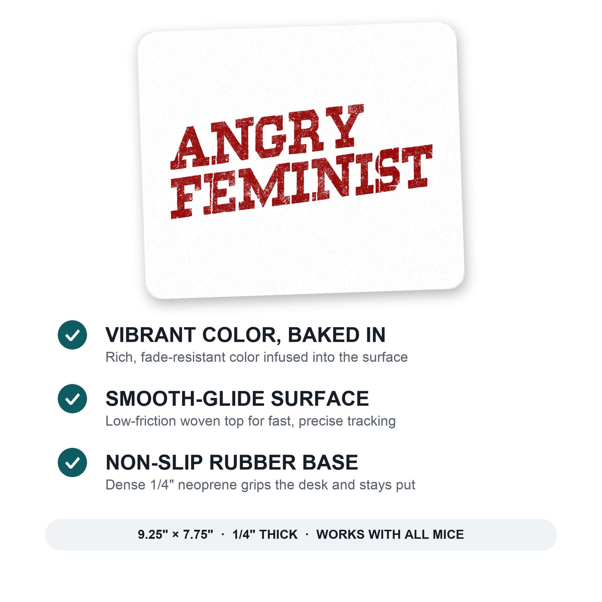 Angry Feminist mouse pad: vibrant color, smooth-glide surface, non-slip rubber base, 9.25 x 7.75 inches