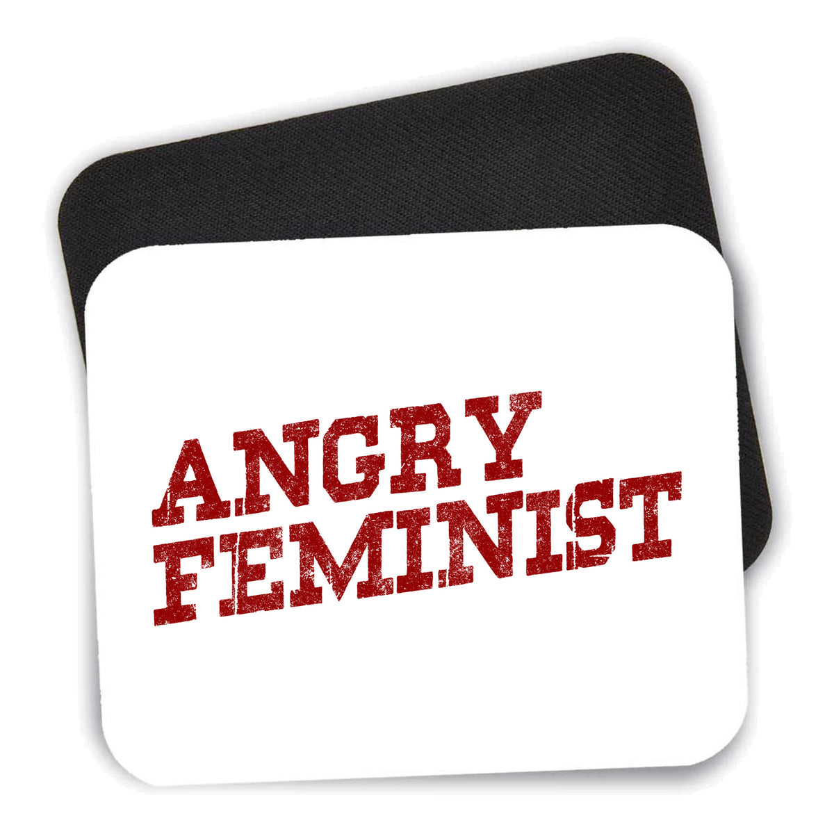 Angry Feminist mouse pad shown with its black non-slip rubber underside