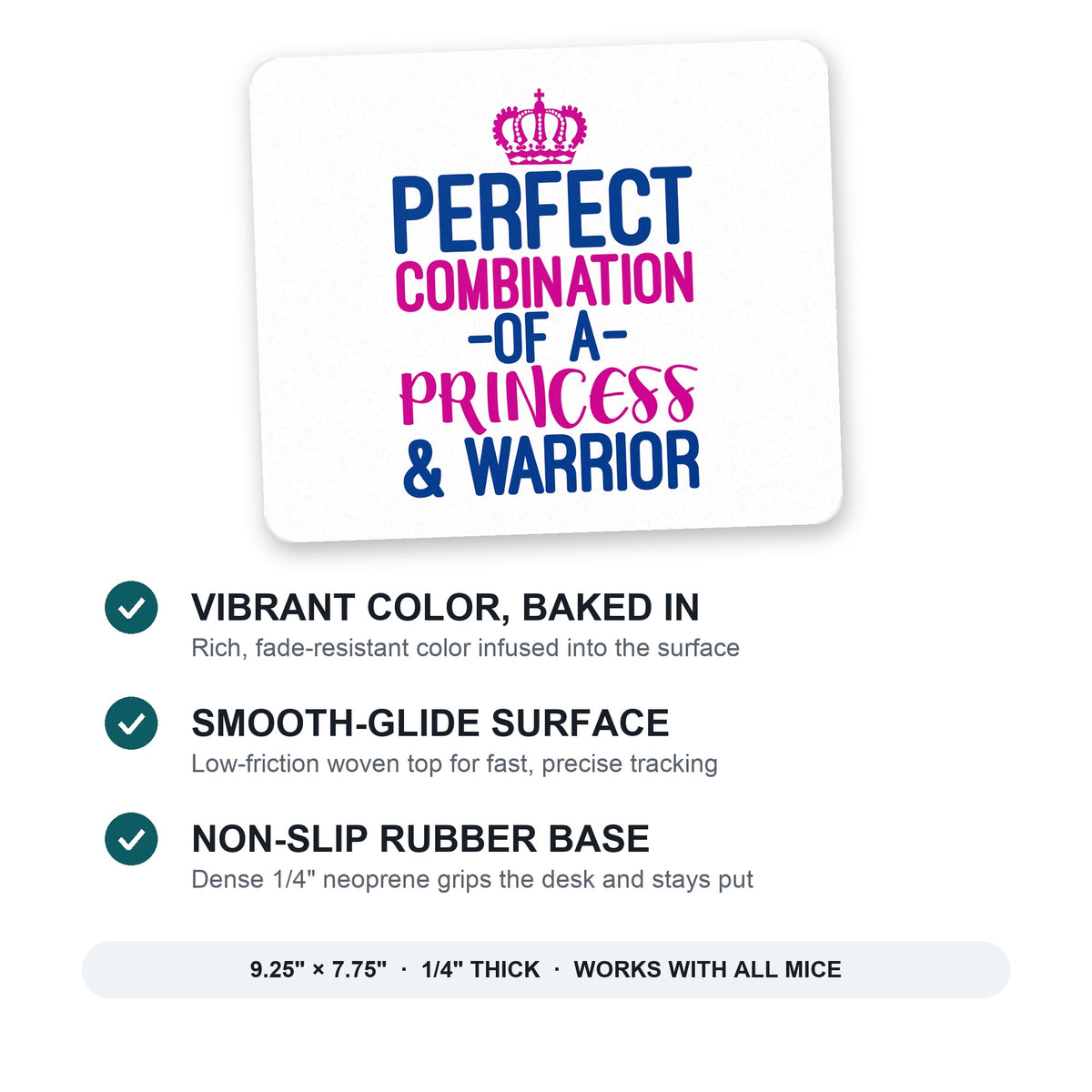Perfect Combination of Princess & Warrior mouse pad: vibrant color, smooth-glide surface, non-slip rubber base, 9.25 x 7.75 inches
