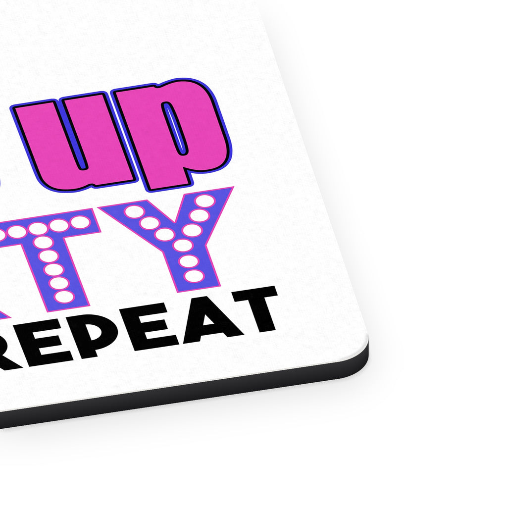 Wake Up Make Up Party Repeat mouse pad, close-up of the fabric surface and rubber edge