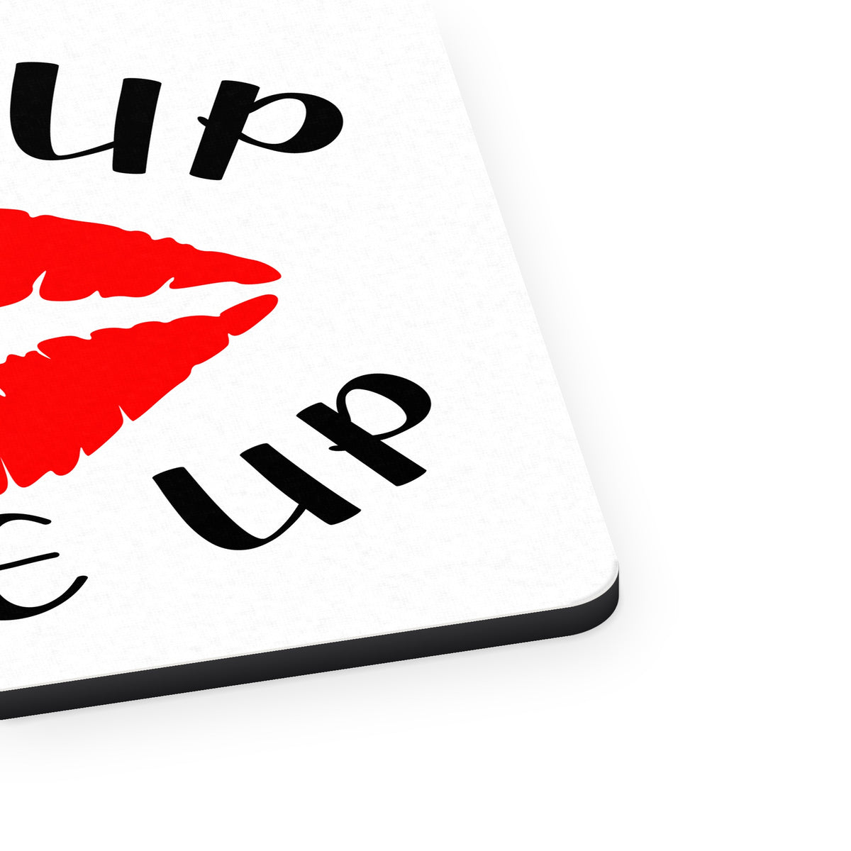 Wake Up and Make Up mouse pad, close-up of the fabric surface and rubber edge