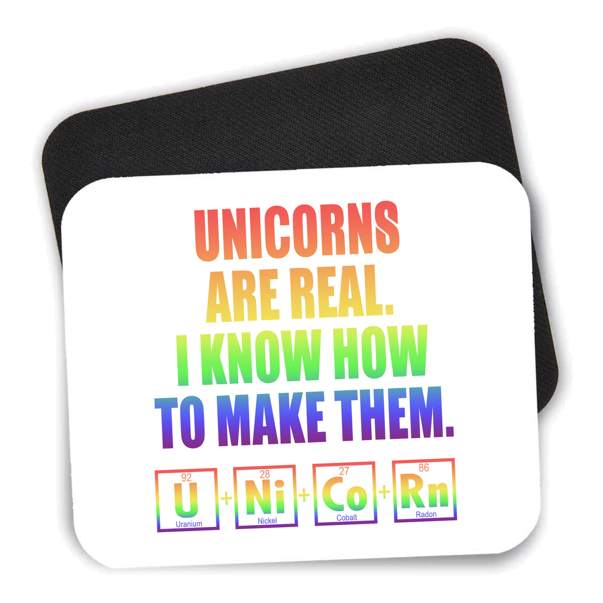 Unicorns Are Real. I Know How To Make Them mouse pad shown with its black non-slip rubber underside