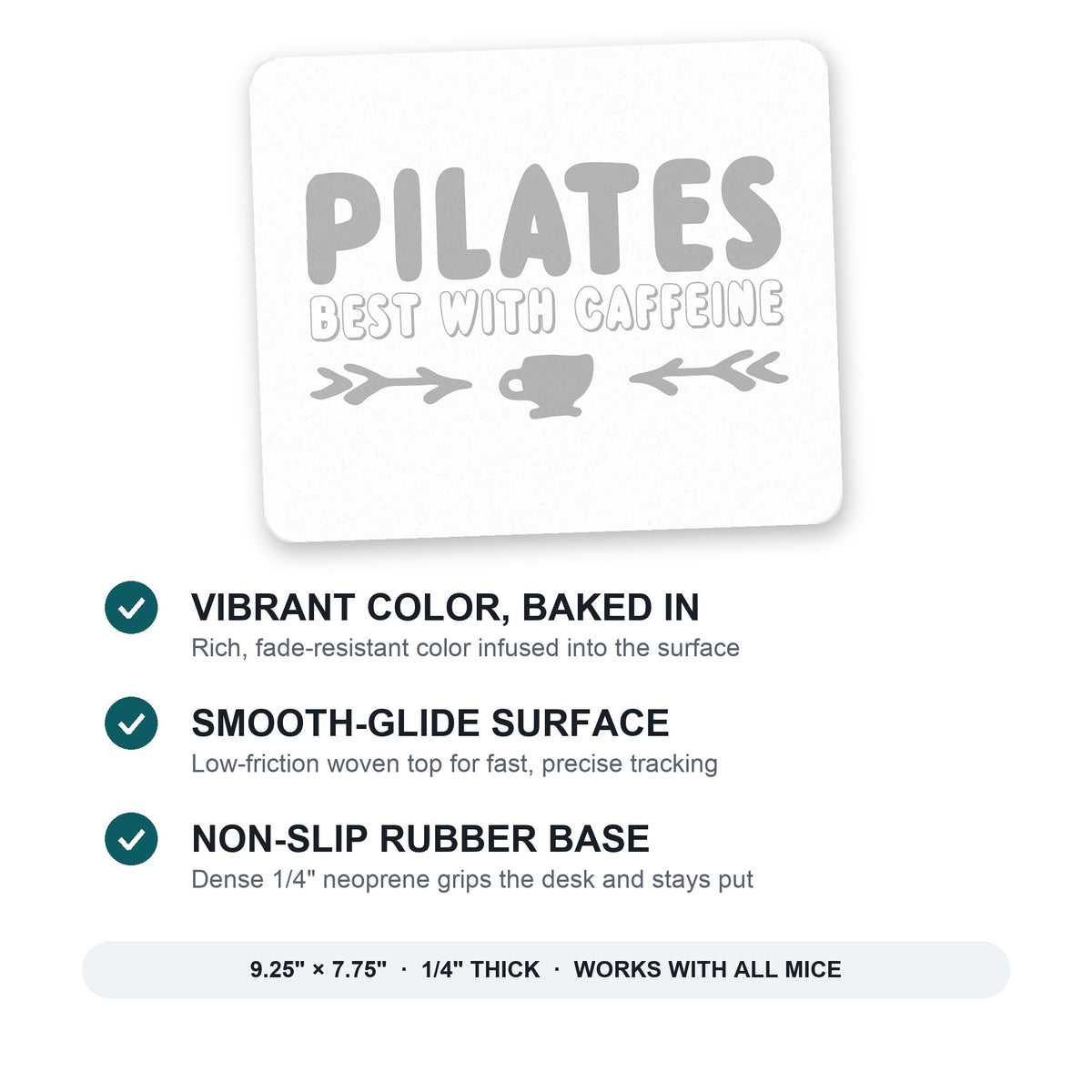 Pilates Best With Caffeine mouse pad: vibrant color, smooth-glide surface, non-slip rubber base, 9.25 x 7.75 inches