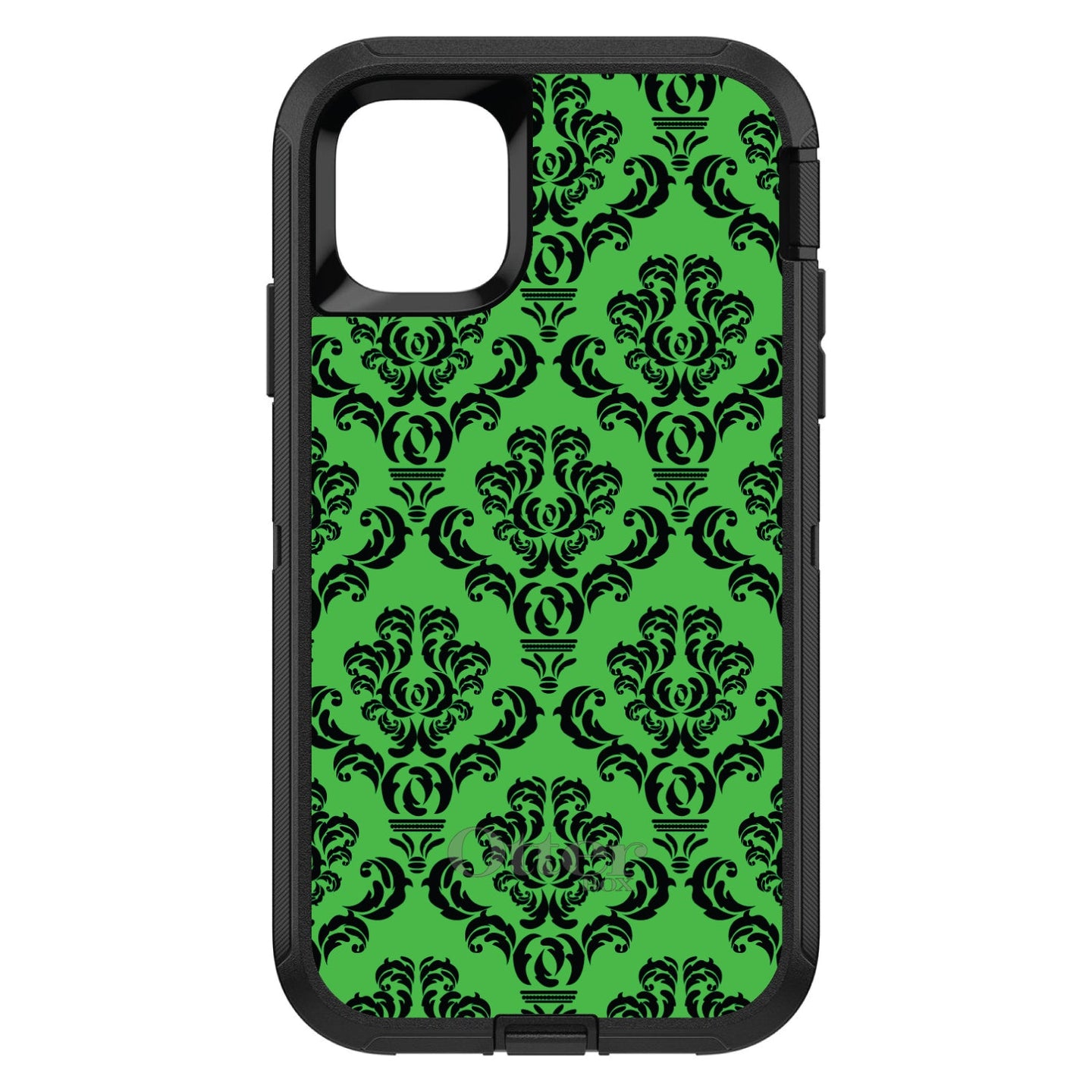 DistinctInk™ OtterBox Defender Series Case for Apple iPhone / Samsung Galaxy / Google Pixel - Green Black Damask Pattern