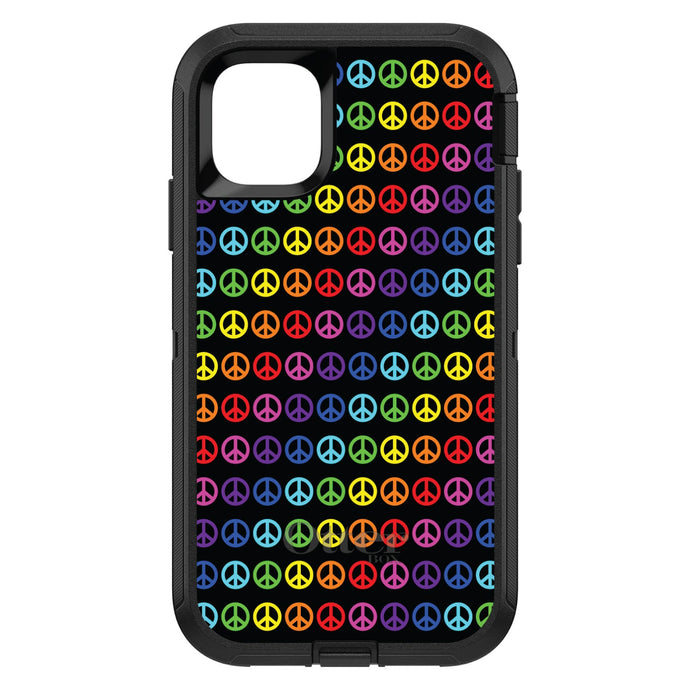DistinctInk™ OtterBox Defender Series Case for Apple iPhone / Samsung Galaxy / Google Pixel - Black Rainbow Peace Signs