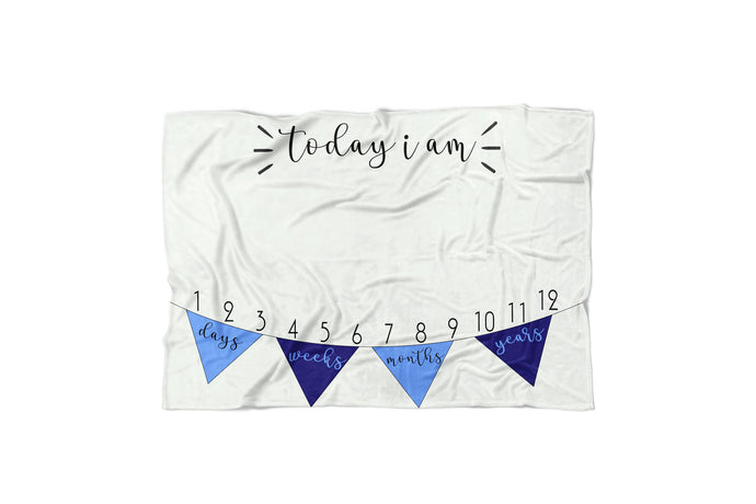 Baby Milestone Blanket - Flag Banner - Personalized Baby Blanket - Track Growth and Age - New Mom Baby Shower Gift - Blue