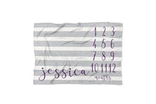 Baby Milestone Blanket - Stripes - Girl Personalized Baby Blanket - Track Growth and Age - New Mom Baby Shower Gift - Gray and Purple