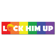Custom Bumper Sticker - LOCK HIM UP - Trump Hair Orange Face - Rainbow Background