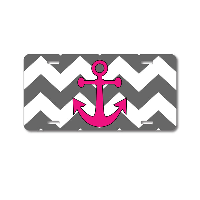 DistinctInk Custom Aluminum Decorative Vanity Front License Plate - Grey White Pink Chevron Anchor