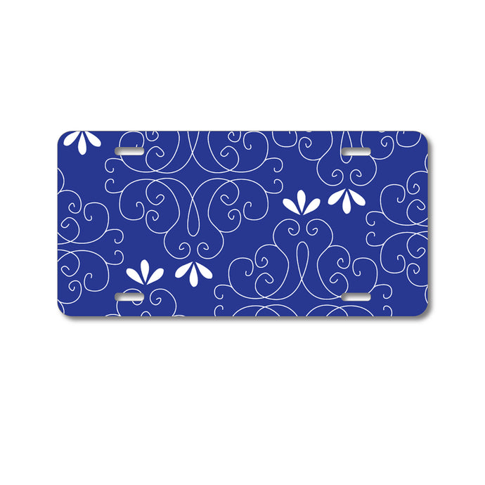 DistinctInk Custom Aluminum Decorative Vanity Front License Plate - Dark Blue White Floral