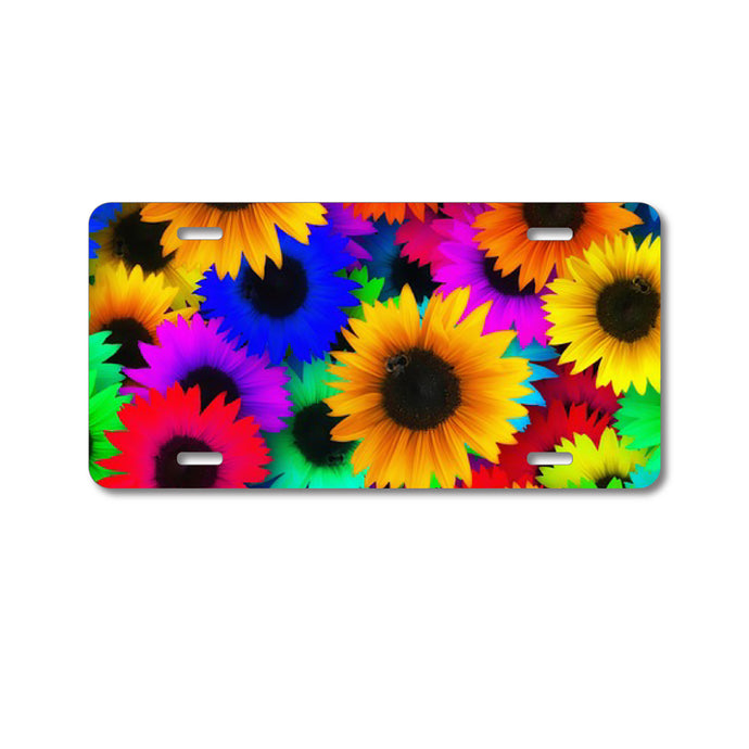 DistinctInk Custom Aluminum Decorative Vanity Front License Plate - Red Green Yellow Sunflowers