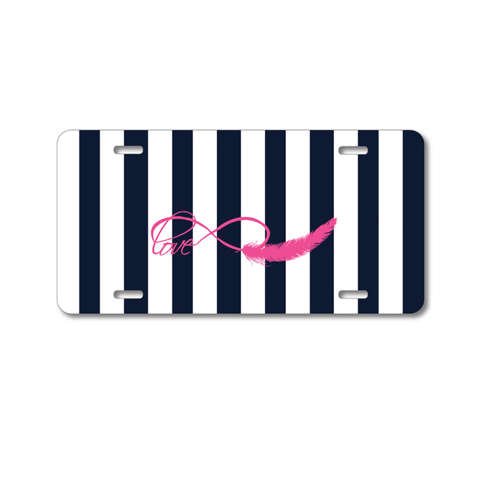 DistinctInk Custom Aluminum Decorative Vanity Front License Plate - Navy White Stripes Pink Love