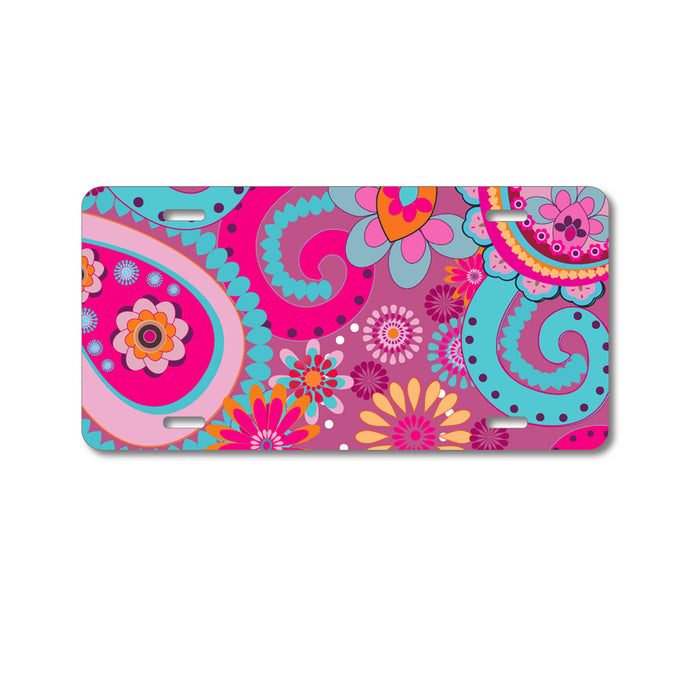 DistinctInk Custom Aluminum Decorative Vanity Front License Plate - Pink Blue Orange Paisley