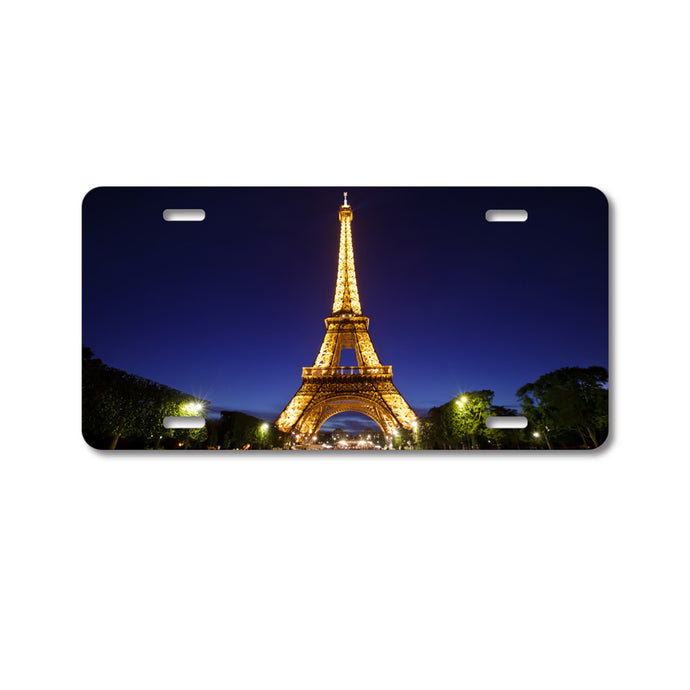 DistinctInk Custom Aluminum Decorative Vanity Front License Plate - Eiffel Tower Paris Night