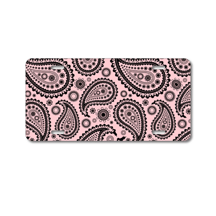 DistinctInk Custom Aluminum Decorative Vanity Front License Plate - Black & Pink Paisley