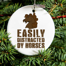 DistinctInk® Hanging Ceramic Christmas Tree Ornament with Gold String - Great Gift / Present - 2 3/4 inch Diameter - Easily Distracted By Horses
