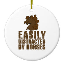 DistinctInk® Hanging Ceramic Christmas Tree Ornament with Gold String - Great Gift / Present - 2 3/4 inch Diameter - Easily Distracted By Horses