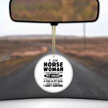 DistinctInk® Hanging Ceramic Christmas Tree Ornament with Gold String - Great Gift / Present - 2 3/4 inch Diameter - I Am A Horse Woman - Can't Control
