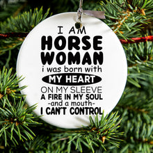 DistinctInk® Hanging Ceramic Christmas Tree Ornament with Gold String - Great Gift / Present - 2 3/4 inch Diameter - I Am A Horse Woman - Can't Control