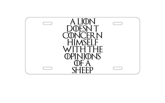 DistinctInk Custom Aluminum Decorative Vanity Front License Plate - Lion Doesn't Concern With Opinions Sheep