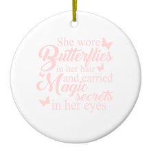 DistinctInk® Hanging Ceramic Christmas Tree Ornament with Gold String - Great Gift / Present - 2 3/4 inch Diameter - Butterflies in Her Hari, Magic Secret Eyes
