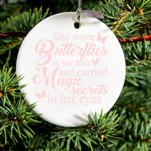 DistinctInk® Hanging Ceramic Christmas Tree Ornament with Gold String - Great Gift / Present - 2 3/4 inch Diameter - Butterflies in Her Hari, Magic Secret Eyes