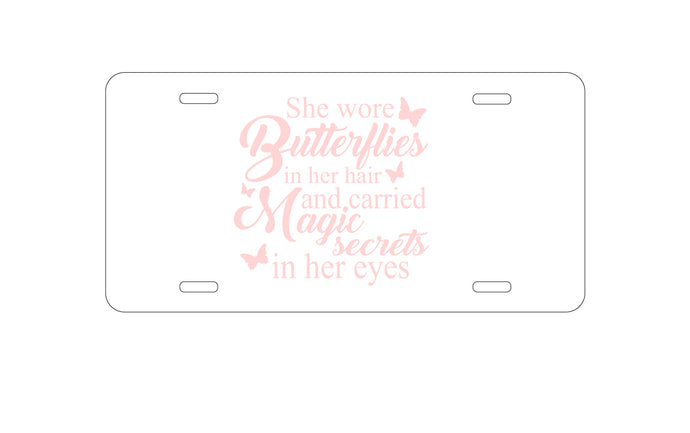 DistinctInk Custom Aluminum Decorative Vanity Front License Plate - Butterflies in Her Hari, Magic Secret Eyes